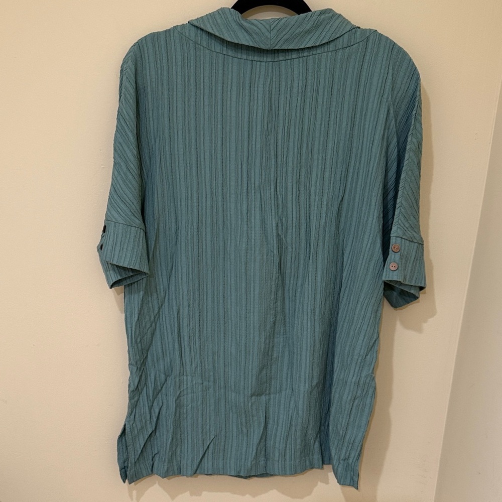 Elegant Teal Button- Short Sleeve turn down Blouse for Women Size Large - Picture 7 of 12